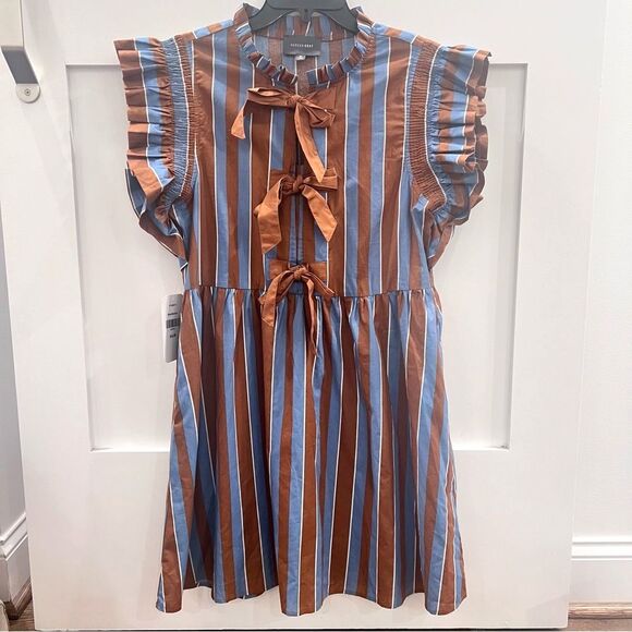 Hudson Gray Dresses & Skirts - Hudson Gray Brown and Blue Striped Dress with Ruffles Medium